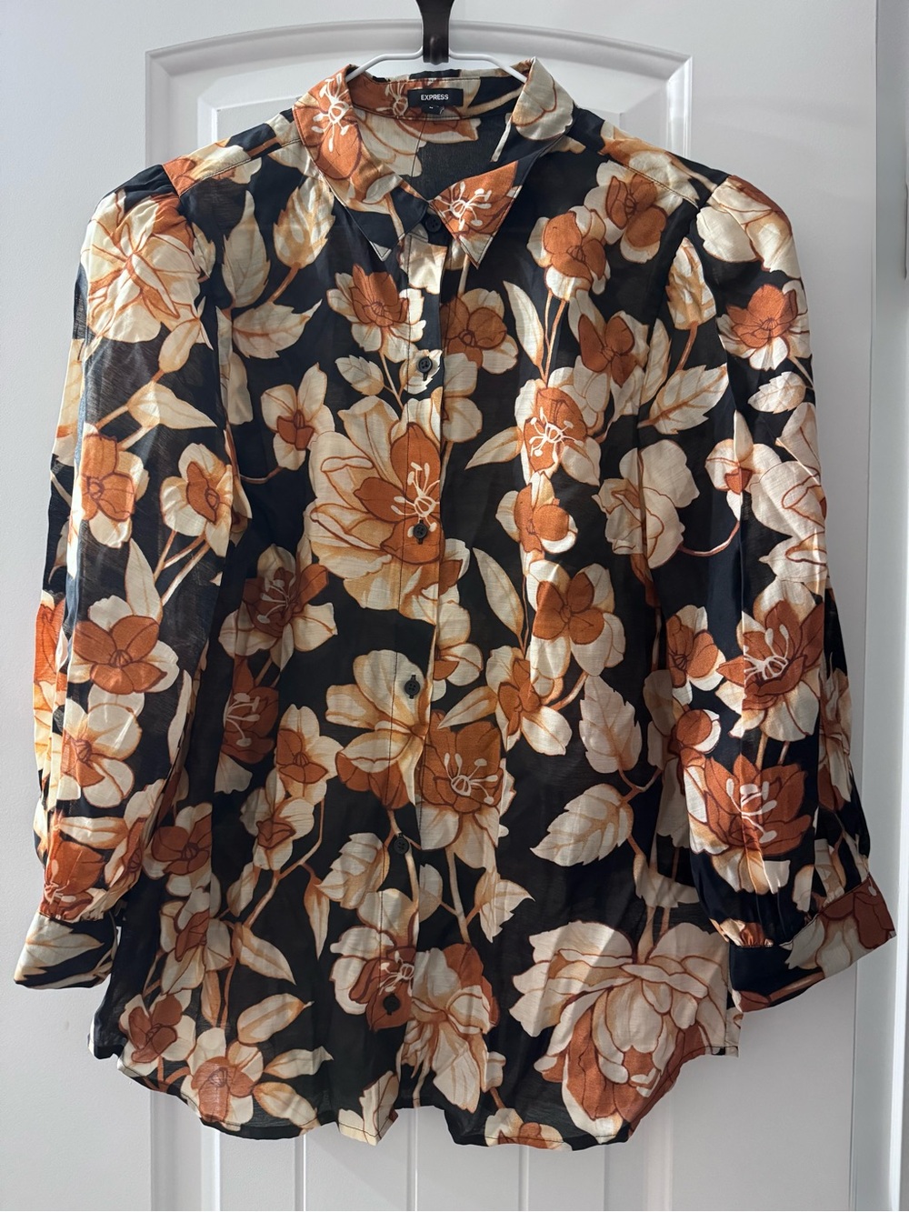 Black Floral Button-Down Shirt Rust & Cream Flowers 
Sheer 
Puff Shoulder Design